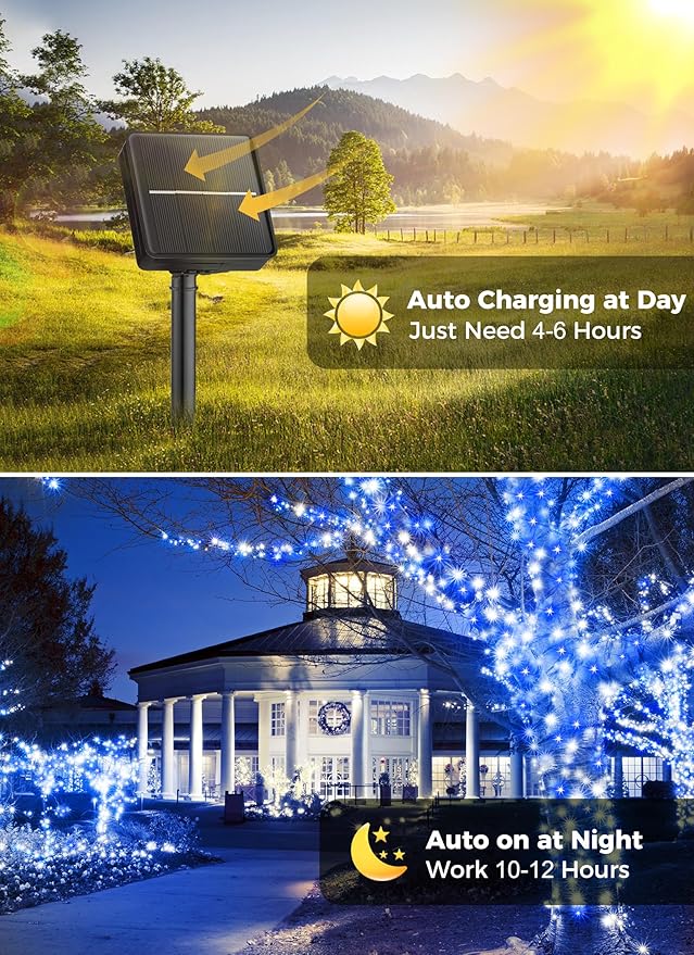 Minetom Solar Christmas Lights Outdoor Waterproof - 40FT 100 LED With 8 Modes - Decoration for Outside House, Tree, Party, Yard - Blue & Pure White
