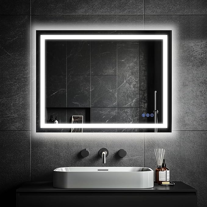 Antok 24"x 36" LED Bathroom Mirror with Lights, Anti-Fog, Dimmable, Lighted Vanity Mirror with Tempered Glass, Memory Function, 3 Light Modes, Safe Use, Horizontal, Vertical, Wall Mount