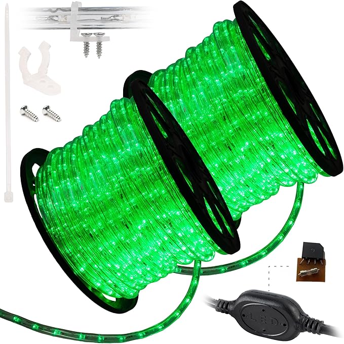 WYZworks 3312LEDs, 300ft LED Outside Rope Lights, Waterproof Permanent Outdoor ETL Certified Connectable Clear Tube, Christmas Palm Tree Holiday Decorative Landscape Patio Accent Lighting - Green