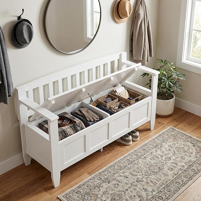 SIMPLIHOME Brooklyn Entryway Storage Bench - 48 inch Wide Solid Wood Storage Seat in Chantilly White, Contemporary Bench for Entryway or Living Room with Lift-Up Lid and Slatted Backrest