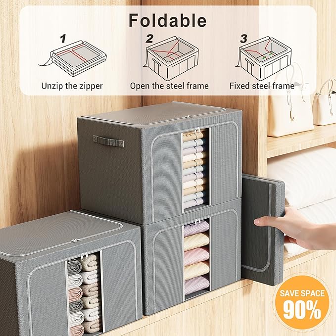 Clothes Storage Bins with Metal Frame, Foldable Clothes Organizers Storage Containers for Clothes, Sheets, Blankets, Pillows and Towels （66L, 3 Pack, Deep Grey