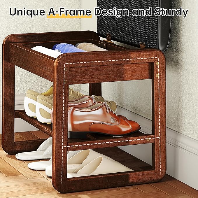 Shoe Rack Bench with Flip-Top Storage, Rubberwood 2-Tier Shoe Organizer with Cushion, Small Wooden Shoe Stand for Entryway, Mudroom, Hallway, Closet, Front Door Entrance, Foyer