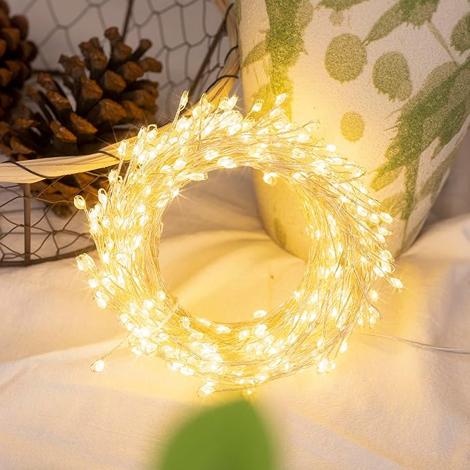 Fairy Lights Plug in, 10FT 100LED Firecracker String Lights Waterproof Silver Wire, for Bedroom/DIY/Party/Garden/Porch/Patio/Backyard/Christmas Tree, with Remote Timer & 8 Modes, Warm White