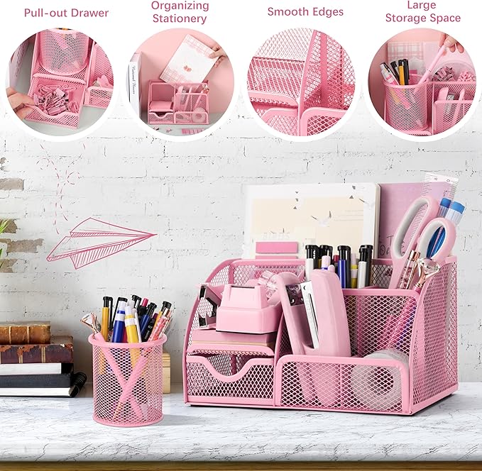 Fayoo 11 Pcs Pink Office Supplies Set Mesh Desk Organizer Accessories Kit include Stapler Tape Dispenser Staple Remover Clips Ruler Scissors Sticky Notes for Office School Home Women (Pink)