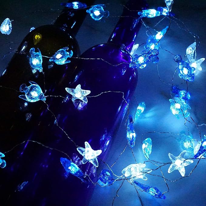Decorman Sealife String Lights 14ft 40 LED 8 Modes Cool White Weatherproof Battery Operated Ocean Theme Lights for Bedrooms Parties Weddings Gardens with Remote and Timer