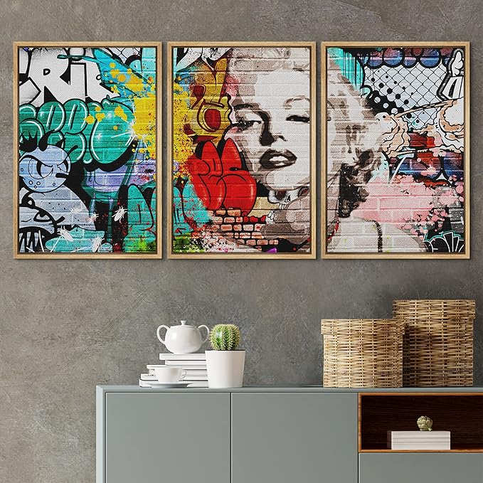 wall26 Framed Canvas Print Wall Art Set Urban High Contrast Marilyn Monroe Portrait Graffiti & Street Art People Illustrations Pop Art Colorful for Living Room, Bedroom, Office - 24"x36"x3 Natural