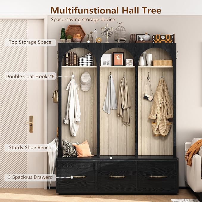 Bellemave Farmhouse Hall Tree with Bench and 3 Drawers, Entryway Bench with Coat Racks and Shoe Storage, 4 Hooks and Shelves (Black)
