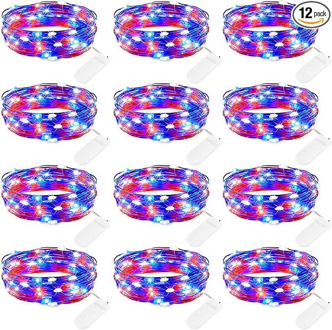 Brightown 4th of July Decor Patriotic Fairy Lights, 7 FT. Silver Wire Red White Blue String Lights, Firefly Starry Moon Lights, Micro LED Mini Fairy Lights for Jars DIY Picture Wedding