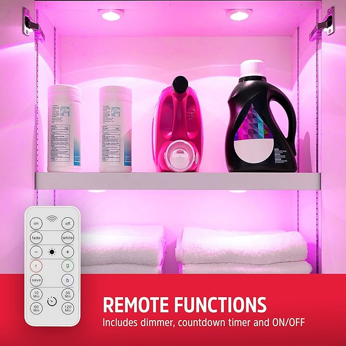 Energizer LED Puck Lights, 6 Pack, Color Changing, Battery Powered, Under Cabinet Lighting, Wireless Lights, 40 Lumens, Remote Controlled, Perfect for Under Cabinet, Bedroom, Closets and More,59332-T1