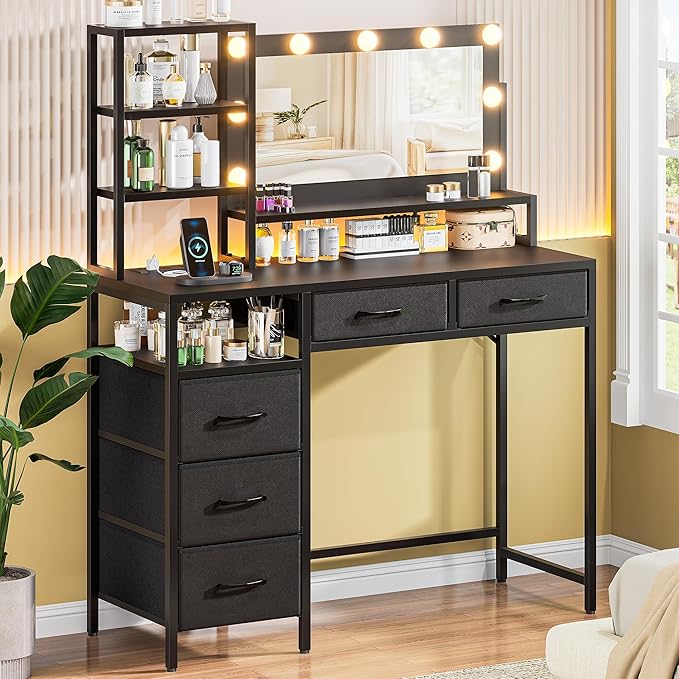 Vanity Desk with Mirror, 9 Lights, 3 Color Modes with Adjustable Brightness, 5 Spacious Fabric Drawers & Storage Shelves, Makeup Vanity with Power Outlets, Modern Vanity Table for Bedroom, Black