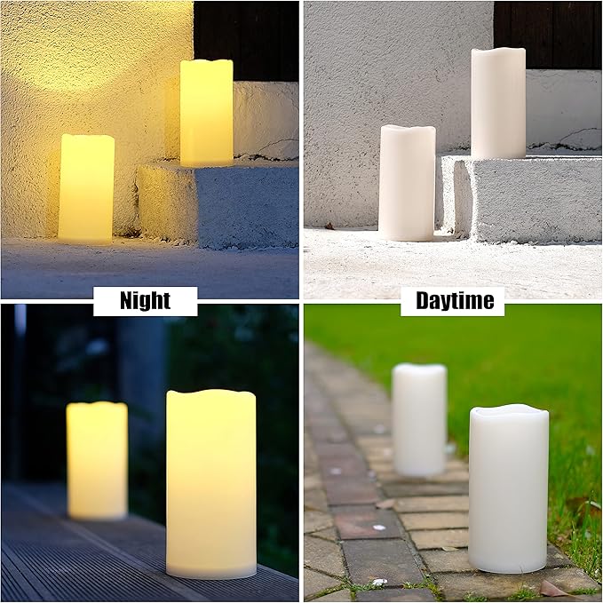 NONNO&ZGF 4X8 inch Huge Outdoor IP44 Warm White LED Rainproof Waterproof Candles, Large Flameless Battery LED Pillar Candle with Remote and Timer, Resin, No Melt, 2 Pack