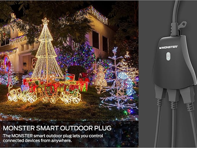 Monster Outdoor Smart Outlet Plug, 3-Outlet, Voice Control Compatible with Alexa and Google Assistant, Scheduling, Timer Control, Automation, Quick Setup via 2.4GHz Wi-Fi, Smart Outdoor Plug