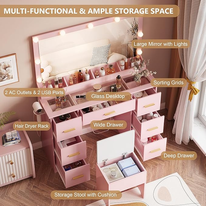 44" Vanity Desk with 38" Large Mirror and 9 LED Lights & Glass Top and Power Outlet, Makeup Vanity Set with 7 Drawers & Chair and RGB Ambient Light, Dressing Table for Bedroom, Modern Pink