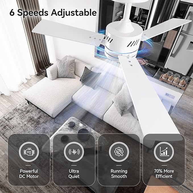 SUNMORY Ceiling Fans with Lights and Remote, 42 Inch Modern Ceiling Fan with Light, Reversible DC Motor, Dimmable LED, 3CCT, Quiet, Small Ceiling Fan for Bedroom/Living Room/Patios, White