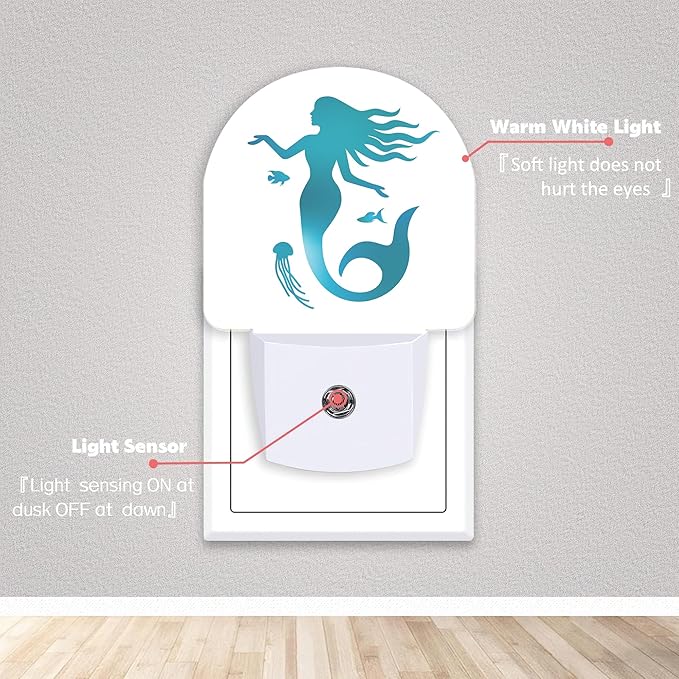 Green Mermaid Jellyfish Night Lights Plug into Wall for Girls Boys Room,Night Light LED Lamp Dusk to Dawn Sensor Round Lamp for Bedroom Bathroom Hallway Home Wall Decor