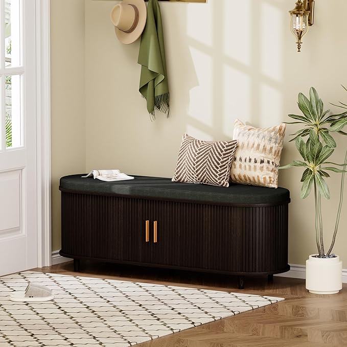 Entryway Bench with Storage: 51.2" Wooden Bedroom Shoe Bench with Thickened Padded Seat Cushion, Mid Century Modern Fluted Sliding Door and Adjustable Shelf, for Entryway, Living Room