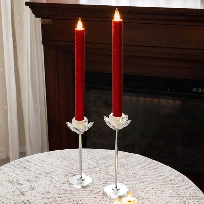 Flameless Taper Candles Flickering with Remote and Timer, 3D Moving Flame Taper Candle Battery Operated to 400 Hours, 9 Inch Window Candles, (Glittter Red)