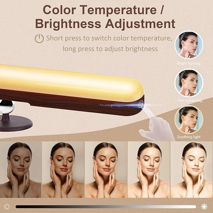 2 Pack Vanity Lights for Mirror with 4000mAh Rechargeable Battery, Touch Control Dimmable Makeup Light with 3 Color Modes, Magnetic 360° Adjustable LED Bathroom Mirror Light, Dark Wood