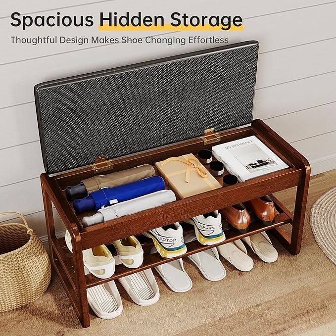 Shoe Rack Bench with Flip-Top Storage, Solid Rubberwood 2-Tier Shoe Organizer with Cushion, Wooden Shoe Stand for Entryway, Mudroom, Hallway, Closet, Front Door Entrance, Foyer
