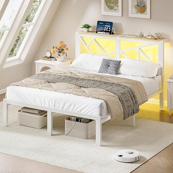 Full White Metal Bed Frame with USB Charging Station, LED Ambient Lighting, and Wooden Storage Headboard - Includes Under-Bed Storage, No Box Spring Needed, Noise Free, Easy to Assemble