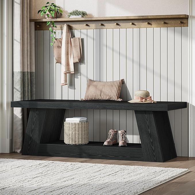 Tribesigns 63" Wooden Entryway Bench with Storage Shelf, Rustic Extra Long Bench, 2-Tier Narrow Hallway Seating Bench for Living Room, Bedroom, Kitchen(Black)