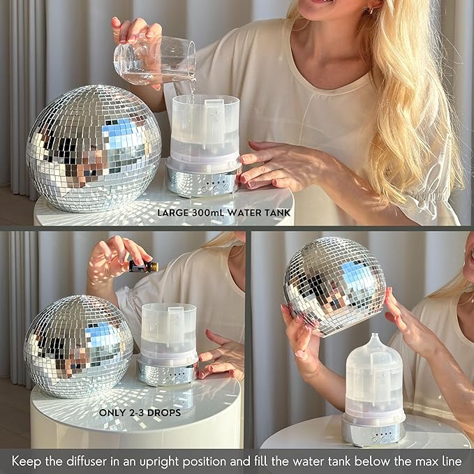 SCANDINORDICA Disco Ball Diffuser Speaker - Large 300 mL Rotating Disco Ball Essential Oil Diffuser with Whisper Quiet Operation, 7 Color LED Night Light & 4 Time Settings | Cute Bluetooth Speaker