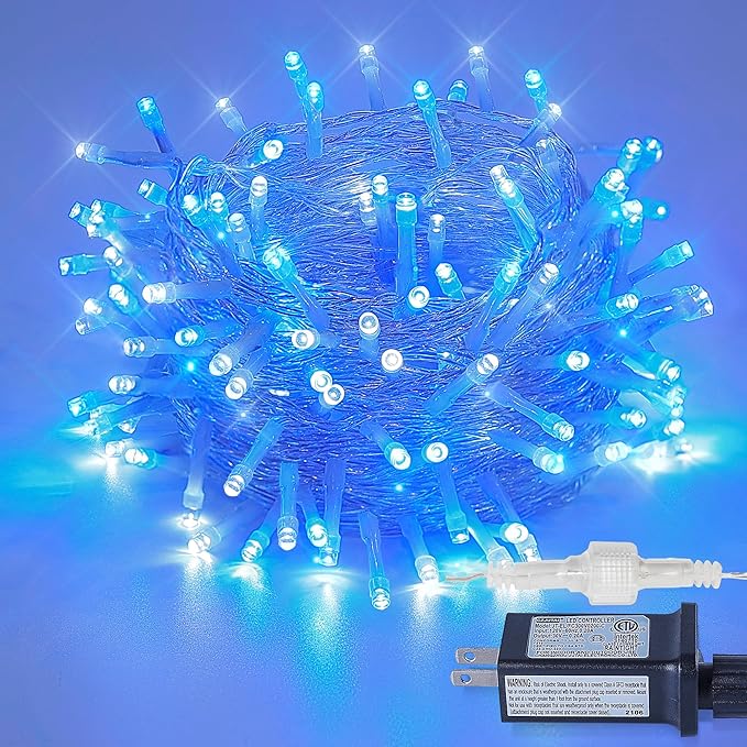 String Lights Indoor Bedroom, 33FT 100 LED Fairy String Lights Outdoor Waterproof, 8 Modes Memory Twinkle Christmas Light Plug in for Classroom Dorm Patio Tree Garden Decor (Cool White+Blue)