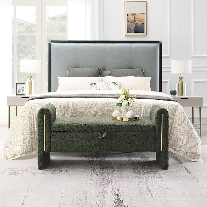 Modern 52" Storage Ottoman Bench, Upholstered End of Bed Storage Bench with Armrests, Entryway Bench, Teddy Foot Rest Stool for Living Room Hallway Bedroom (Green)