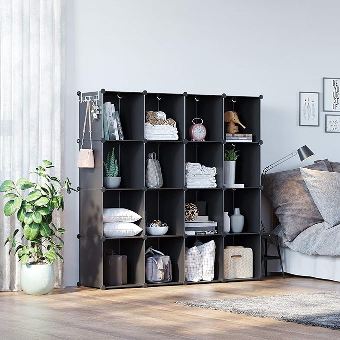 C&AHOME Cube Storage Organizer, 16-Cube Shelves Units, Plastic Storage Cubes, DIY Closet Organizer, Modular Closet Storage Shelves Ideal for Home, Bedroom, 48.4" L × 12.4" W × 48.4" H Black SUM3016H