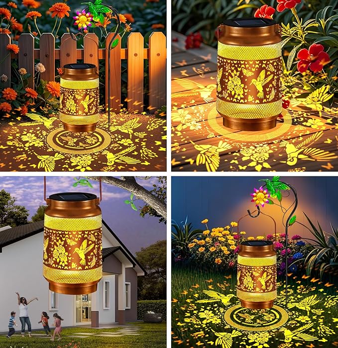 Hummingbird Solar Lanterns Outdoor Waterproof, Hanging Solar Lights Garden Lanterns with Shepherd Hook, Metal Garden Decor for Yard, Patio, Lawn, Landscape, Gifts for Women Mom Christmas