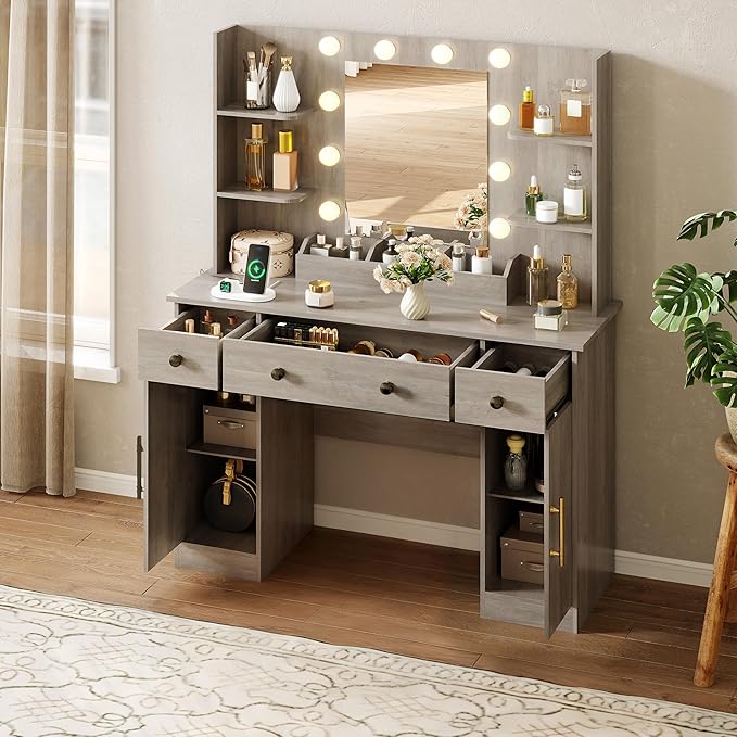 Vanity Desk with Mirror and Lights, Makeup Vanity with Mirror and LED Lights & Power Outlet, 3 Drawers and Cabinets, 3 Lighting Modes Dressing Table Set for Girls Women Bedroom,Grey