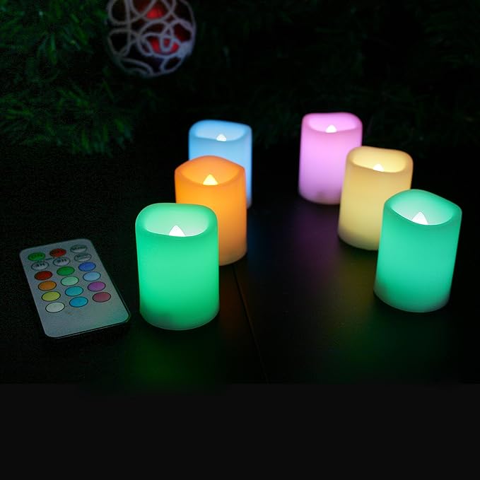 CANDLE CHOICE Color Changing Battery Operated Flameless Votive Candles with Remote Timer Realistic Flickering Fake Electric Multicolor LED Lights for Wedding Christmas Decorations Battery Incl. 6 Pack
