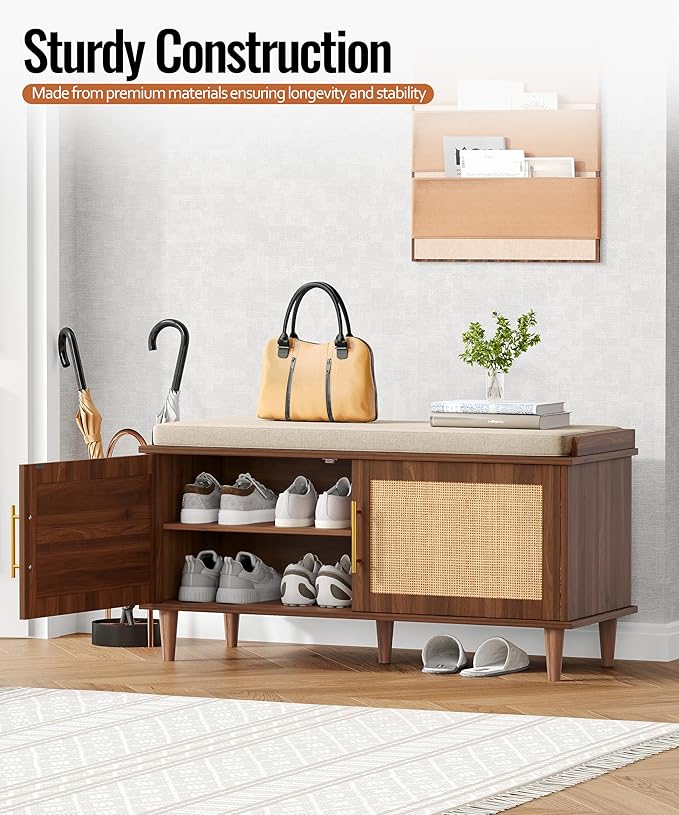 Rattan Shoe Storage Bench with Cushion, 2-Tier Entryway Bench with Adjustable Shelves and 2 Doors, 15" D x 39.4" W x 20" H, Solid Wood Legs, for Hallway, Living Room, Bedroom, Walnut