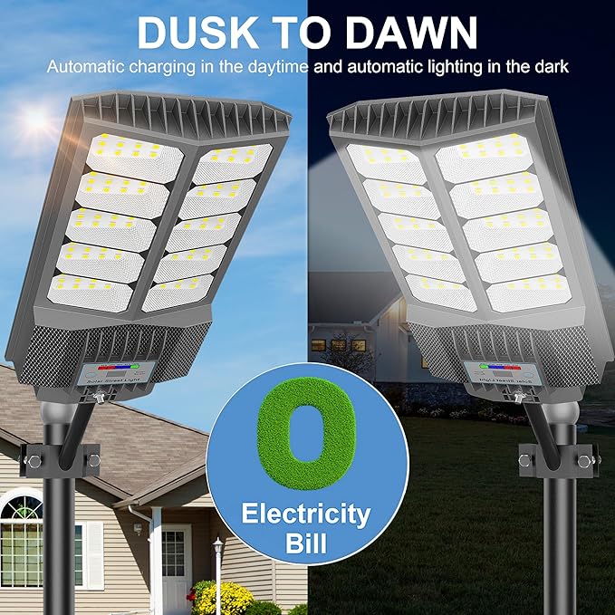 loyoele Solar Street Light with Pole Mount, Dusk-to-Dawn Outdoor LED, 300000 LM, 7000K IP67 Waterproof, Adjustable Modes, for Yard, Parking Lot, Street, Pathway