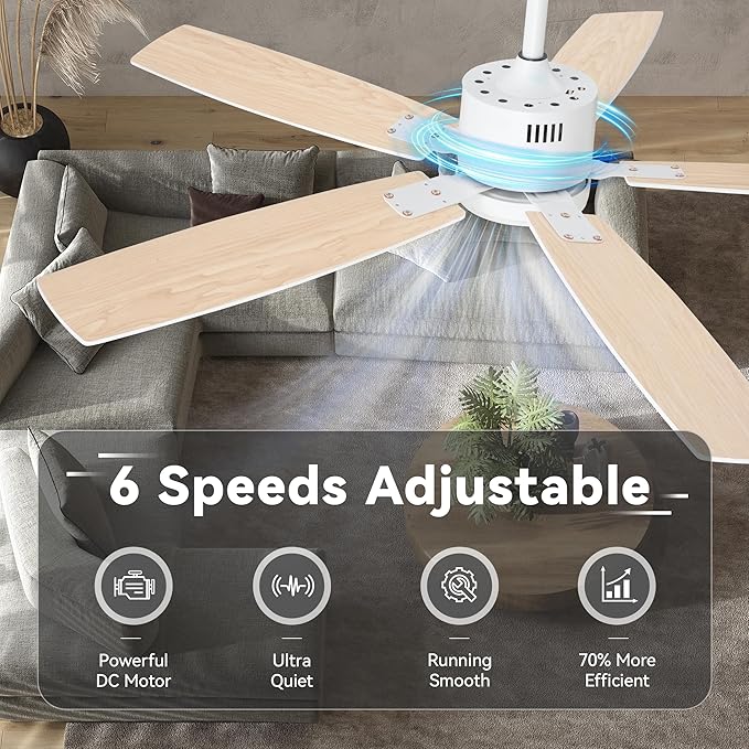 SUNMORY 52" Ceiling Fans with Lights, Smart Ceiling Fan with APP and Remote Control, Reversible DC Motor, Noiseless, Stepless Dimmable, Modern Ceiling Fan for Indoor/Outdoor Use, White