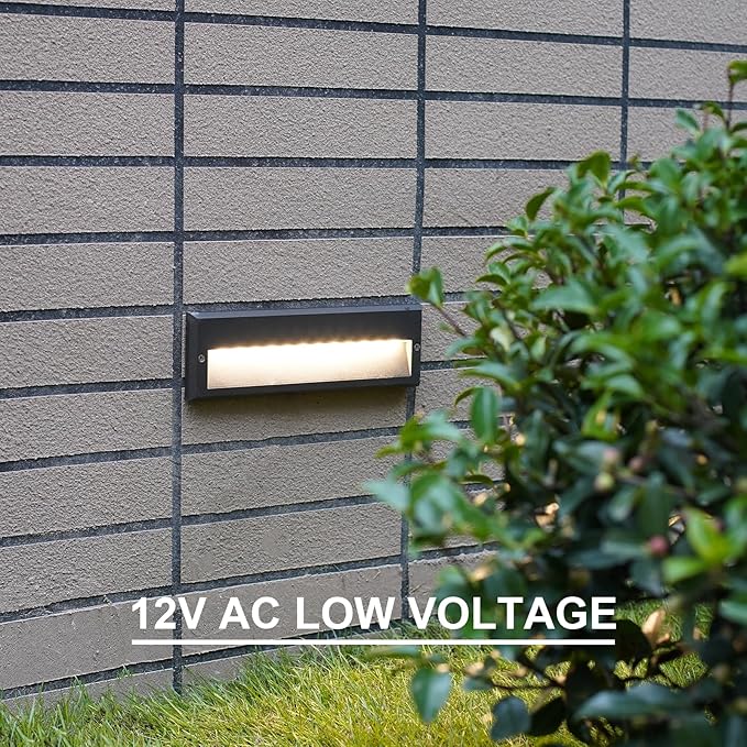 GOODSMANN Low Voltage Step Lights Kits 10.6 Inch Outdoor 12V AC Landscape Stair Lights Wired 8PK 6W LED Electric Outdoor Deck Lighting Black Metal 122 Lumens 3000K Warm White with Cable Connectors