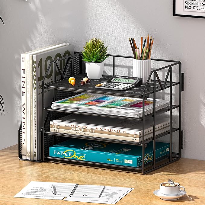 Metal Desk Organizers and Accessories with File Holder – Aesthetic Black Desk Accessories for Women Office Setup – Decorative Desk Set with Magazine Rack – Office Decor for Teen Girls