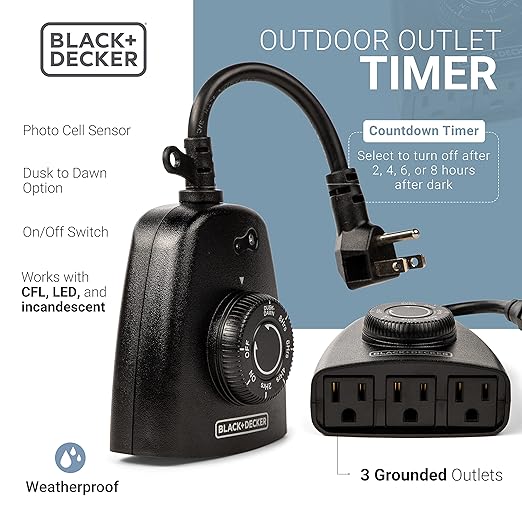 Black+Decker Outdoor 3 Grounded Outlets Timer with Waterproof Outlet and Countdown BDXPA0031