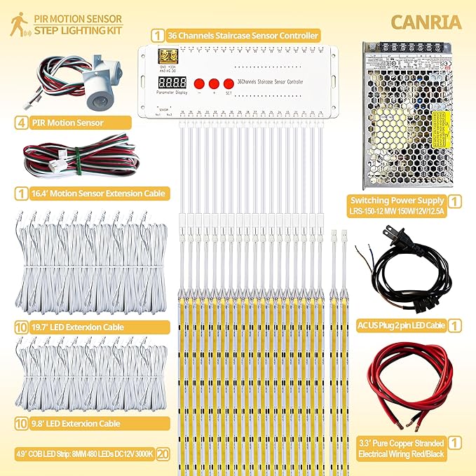 PIR Motion Sensor LED Stair Lights Indoor Outdoor Stairway Step Staircase Lighting Kit with 3000K Warm White COB Flexible LED Linear Light