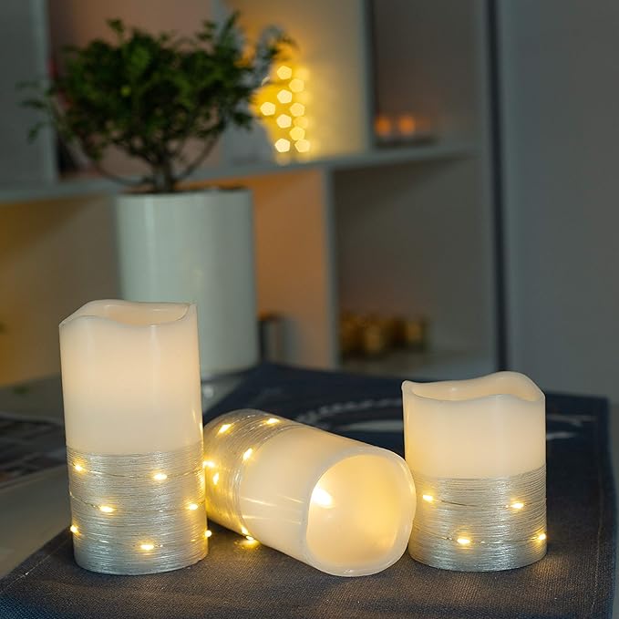 BeMoment Flickering Flameless Candles with Timer, Battery Operated Candle Embedded String Lights, Silver Paint Finish, Ideal for Home Decor, Holidays, and Festivals, 3pcs (D 3" x H 4" 5" 6")