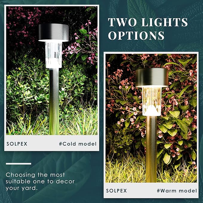 SOLPEX 12 Pack Solar Outdoor Lights Pathway, Stainless Steel Solar Lights Outdoor Waterproof,LED Landscape Lighting Solar Walkway Lights for Landscape/Patio/Lawn/Yard/Driveway-Cold White