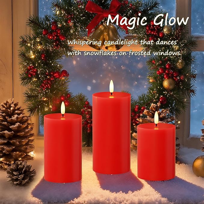 Flameless Pillar Candles with Remote, 3 Pack Battery Operated Real Wax LED Candles, Perfect for Home Decorations Fireplace Table, Red