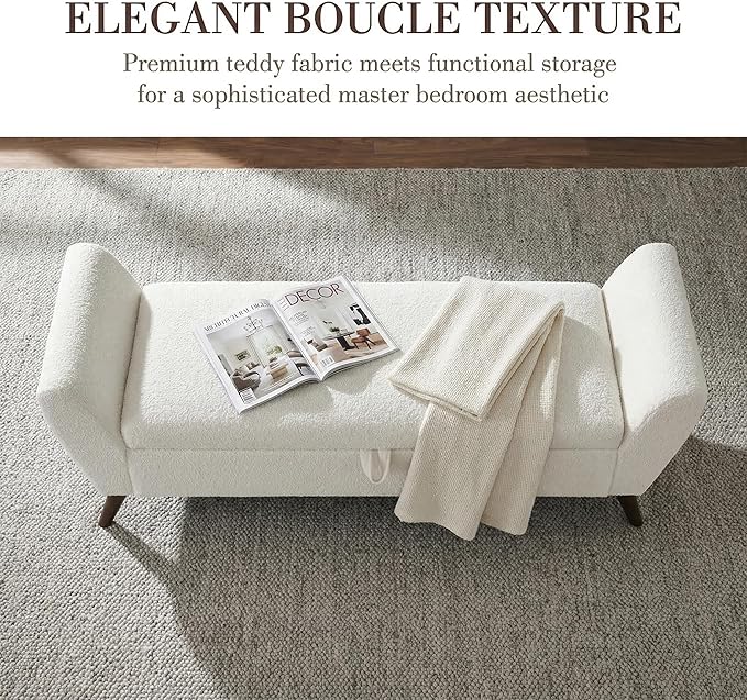 60'' Modern Upholstered Storage Ottoman Bench with Mid-Century Wood Legs, Entryway Bench with Hidden Storage for Living Room, Bedroom, and End of Bed, Comfort Padded Seat (B-White)