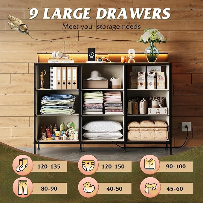 WLIVE Grey Dresser TV Stand for 45, 50, 55 inch TV, Entertainment Center with LED Lights & Charging Station, Chest of drawers with 9 Fabric Drawers and Open Shelves for Living Room, Hallway, Dark Grey