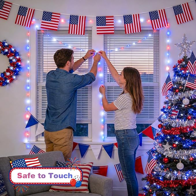 JMEXSUSS 4th of July Decorations Red White and Blue Fairy Lights Plug-in, 33ft 100 LED USB Fairy Light Indoor, 8 Modes Patriotic 4th of July Lights for Independence Day American Flag Holiday