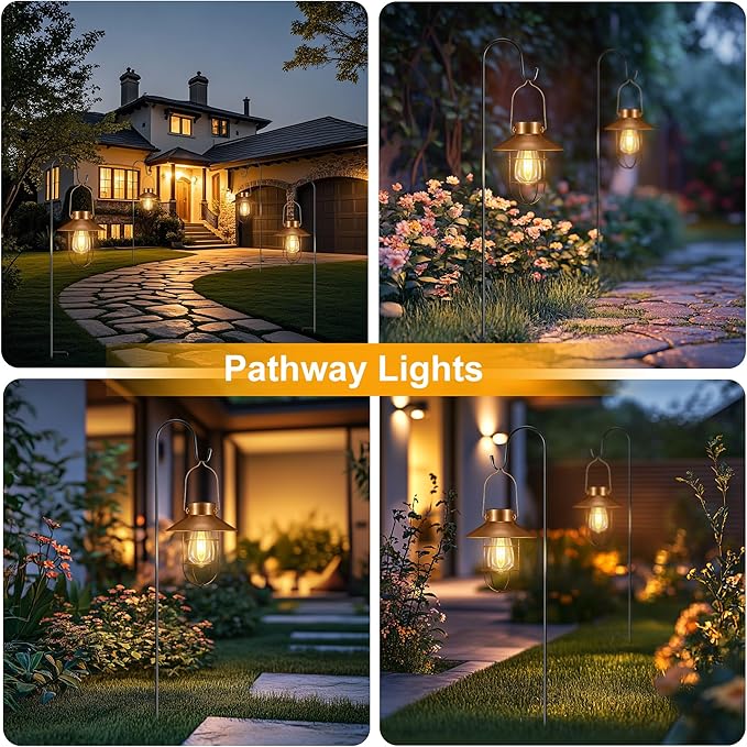 pearlstar 2 Pack Solar Lights Outdoor, Hanging Solar Lanterns with Edison Bulb and 2 x 32 Inch Shepherd Hooks, Waterproof Landscape Lighting for Garden Patio Yard Pathway Driveway Lawn (Copper)