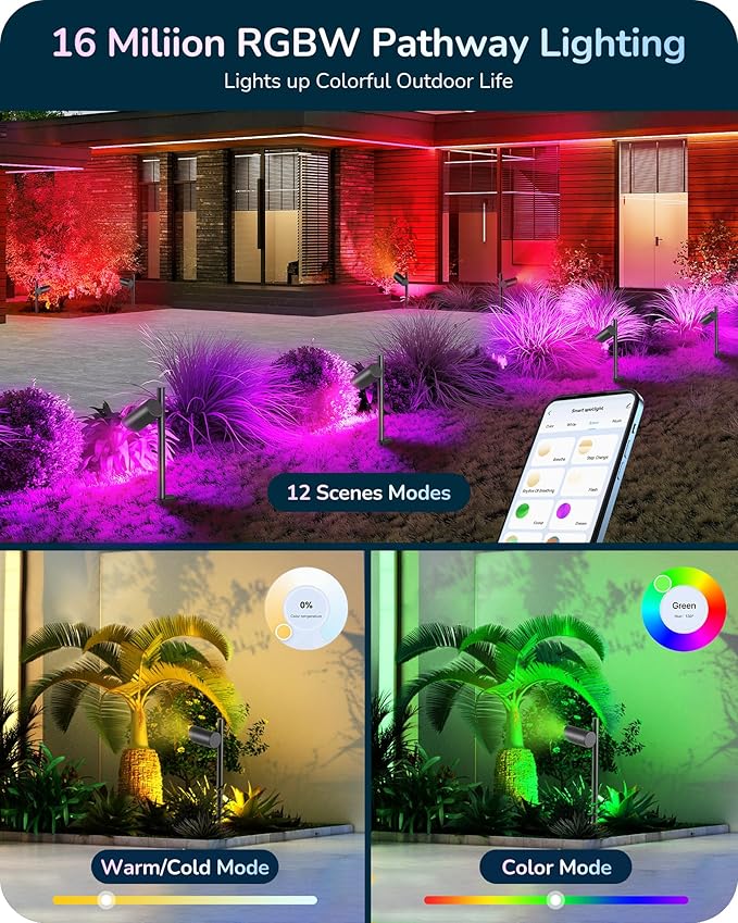 EDISHINE 48Ft Smart LED Landscape Lighting, 300LM Low Voltage Outdoor Spotlgiht, RGBW IP67 Waterproof 12V Landscape Lights, APP Control, Height & 320° Head Adjustable, Compatible with Alexa, 4 Pack