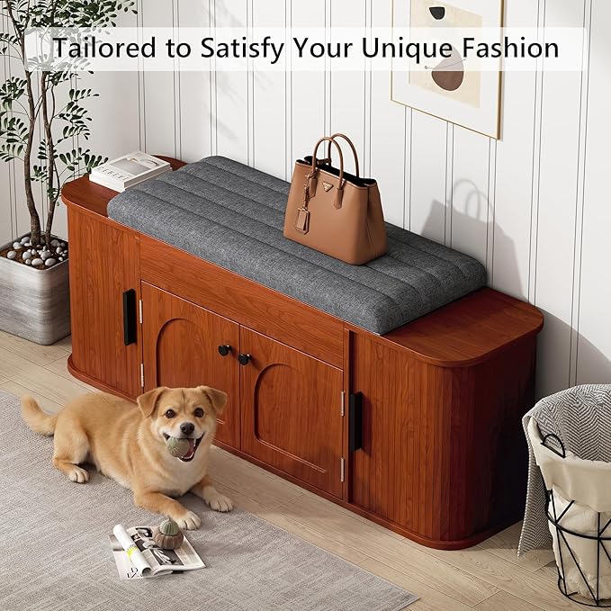47.2'' Entryway Shoe Storage Bench with Seat Cushion & Sliding Door, Shoe Rack with Lift-Top Hidden Storage & Adjustable Shelf, Bench for Bedroom End of Bed, Walnut