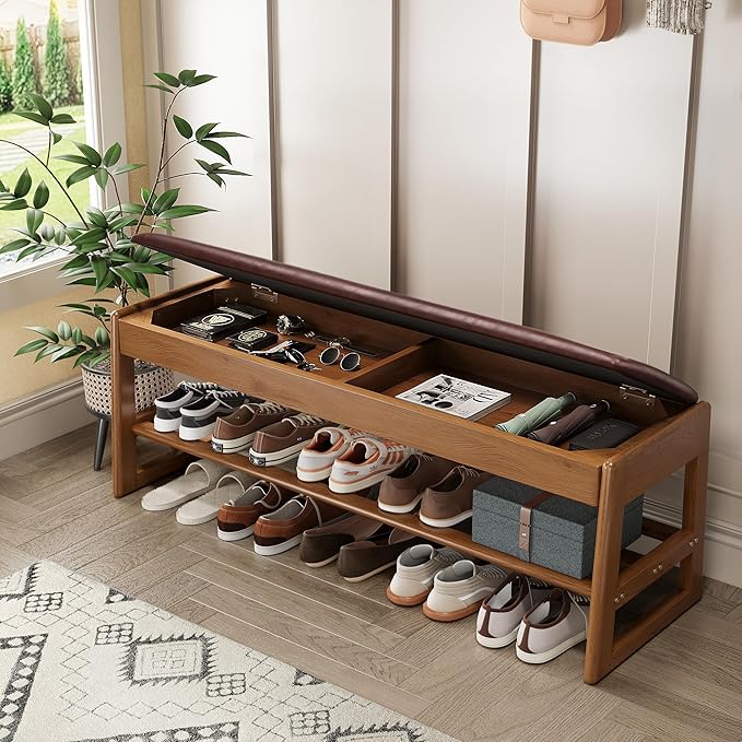 Shoe Rack Bench with Hidden Storage, 2-Tier Solid Rubberwood Entryway Bench with Soft Leather Cushioned Seat & Flip-Top Storage, 330lbs Capacity, Wooden Shoe Organizer for Hallway, Closet, Foyer