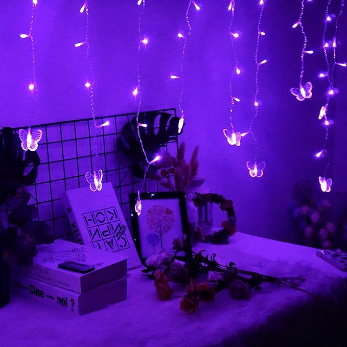 Butterfly Curtain Fairy Lights USB Plug in,8 Modes 120 LED 19.7FT Firefly Twinkle Timer String Lights with Remote, Waterproof Copper Wire for Bedroom Patio Christmas Wedding Party Dorm (Purple)